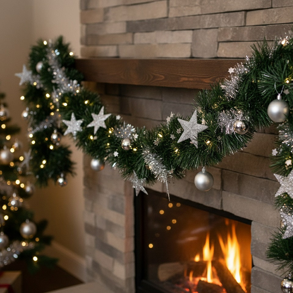 Christmas Decoration Tinsel Garland with Silver Bubbles Green 274cm CAA754450