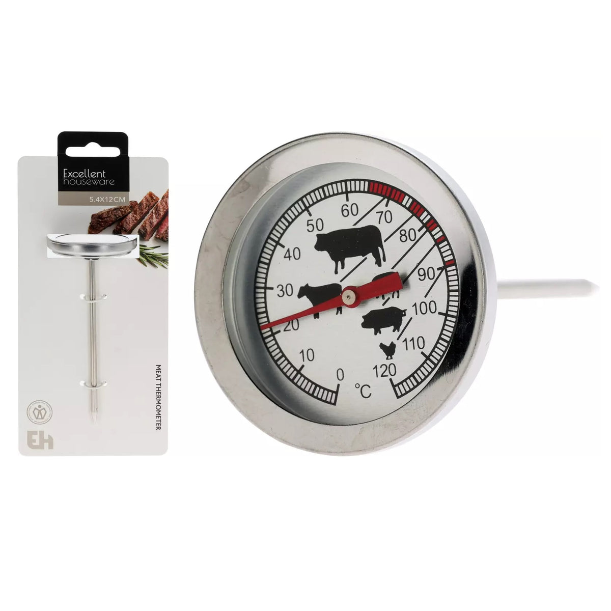 Excellent Houseware Stainless Steel Meat Thermometer Chrome 5.4cm Ã— 12cm CY5657160 | Thermometer for Beef-Poultry-BBQ and Roasting