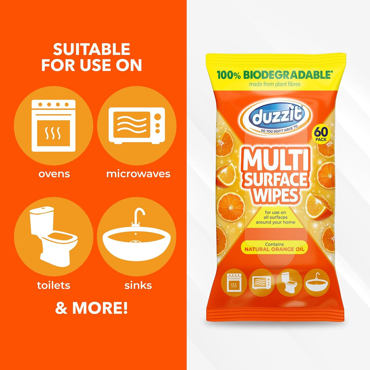 151 Duzzit Anti-Bac Wipes Natural Orange White Pack of 60 DZT1204 | 100 Percent Biodegradable | Kills Bacteria | Multi-Surface Cleaner | For Kitchen Surface | Waste Bins | Bathroom and More