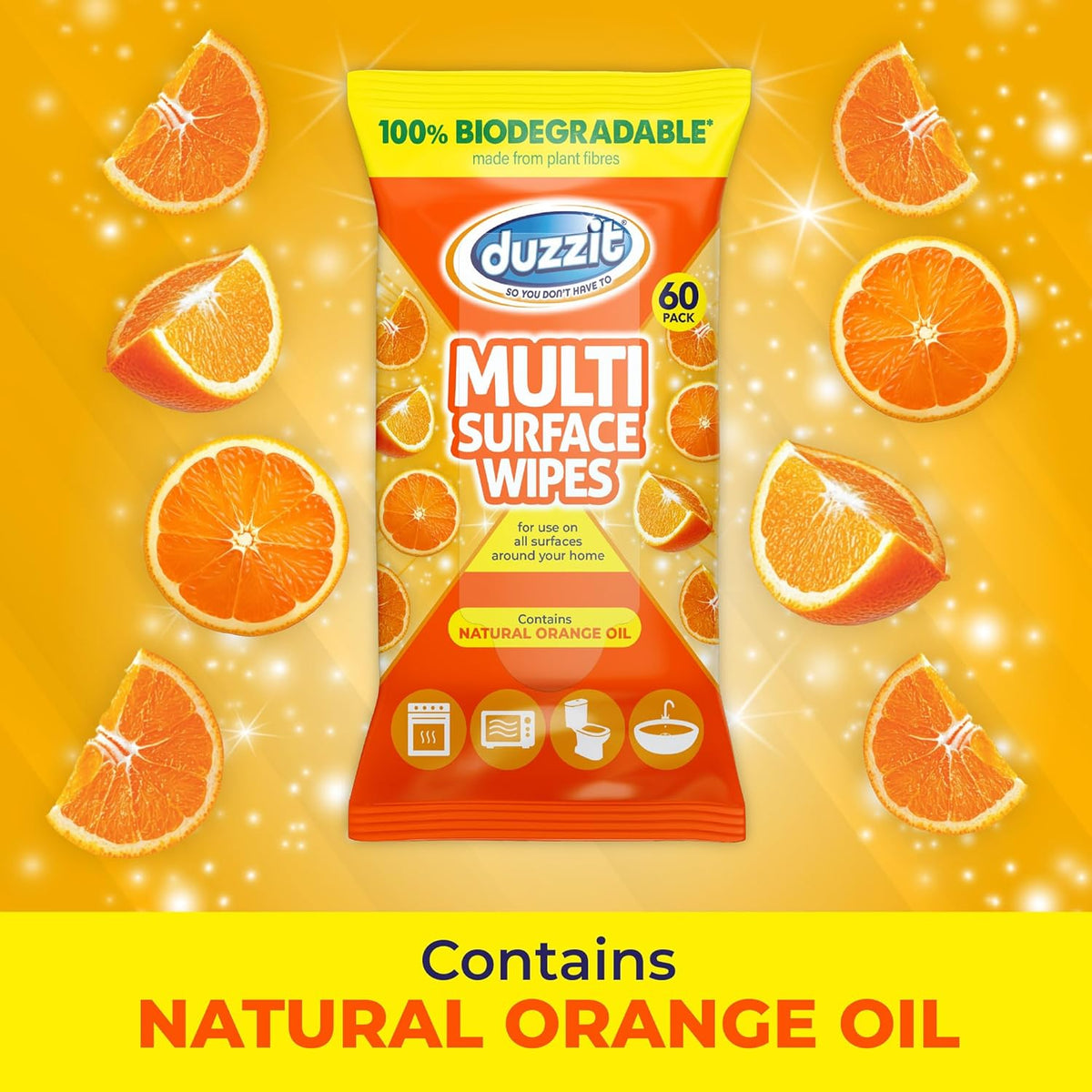 151 Duzzit Anti-Bac Wipes Natural Orange White Pack of 60 DZT1204 | 100 Percent Biodegradable | Kills Bacteria | Multi-Surface Cleaner | For Kitchen Surface | Waste Bins | Bathroom and More