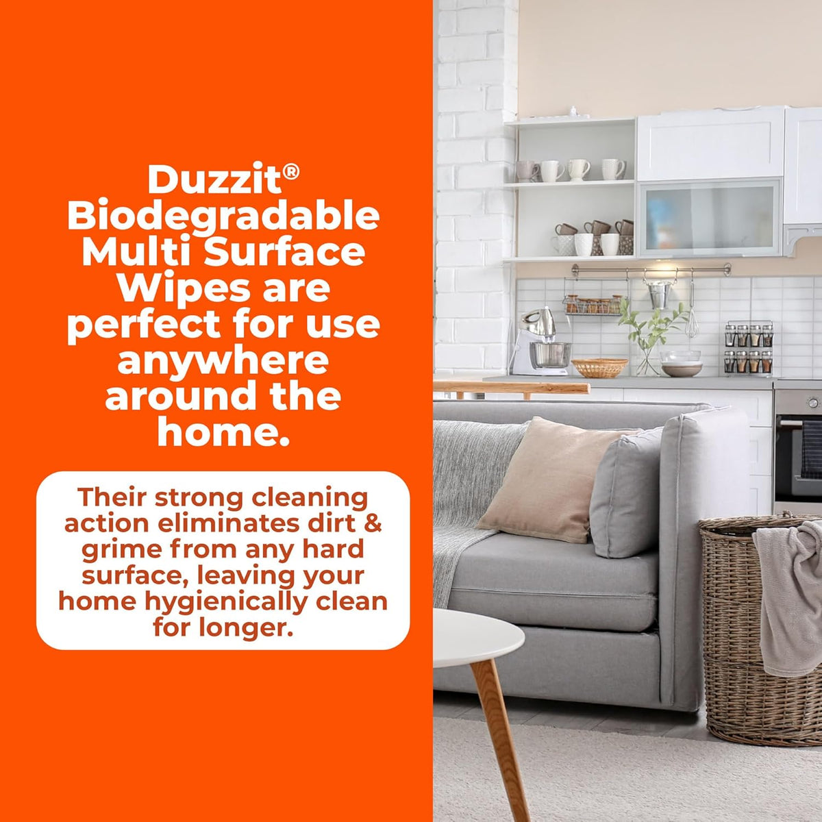 151 Duzzit Anti-Bac Wipes Natural Orange White Pack of 60 DZT1204 | 100 Percent Biodegradable | Kills Bacteria | Multi-Surface Cleaner | For Kitchen Surface | Waste Bins | Bathroom and More