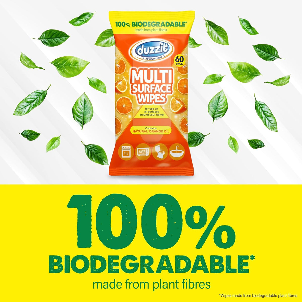 151 Duzzit Anti-Bac Wipes Natural Orange White Pack of 60 DZT1204 | 100 Percent Biodegradable | Kills Bacteria | Multi-Surface Cleaner | For Kitchen Surface | Waste Bins | Bathroom and More