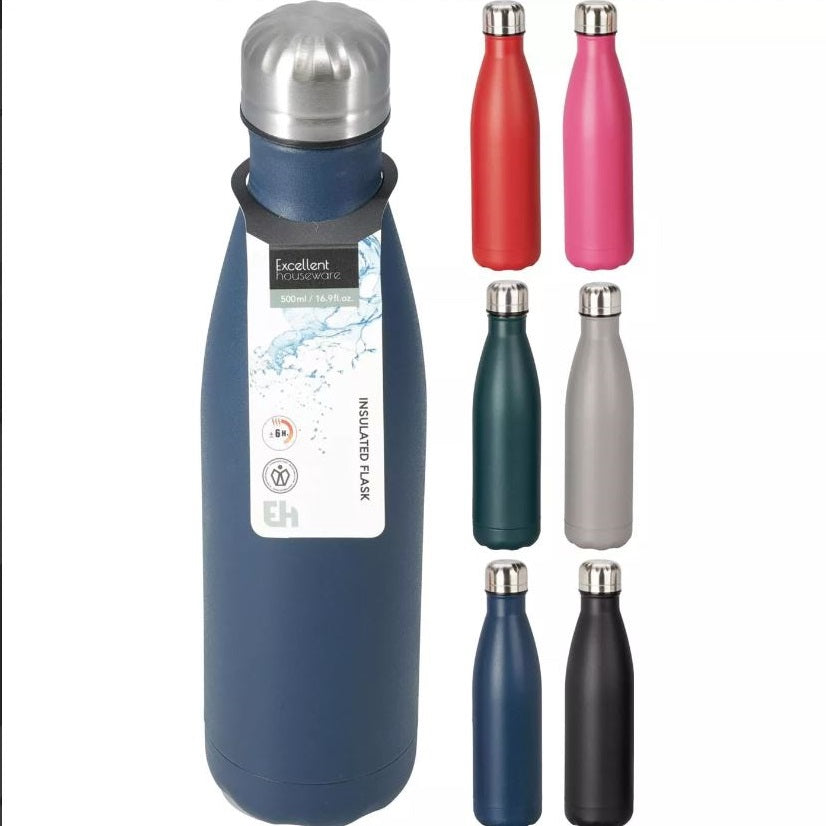 Excellent Houseware Stainless Steel Insulated Water Bottle 500ml Assorted Colours 997100630 | Leakproof Double Wall Flask | Keeps Drinks Hot and Cold for 6Hr