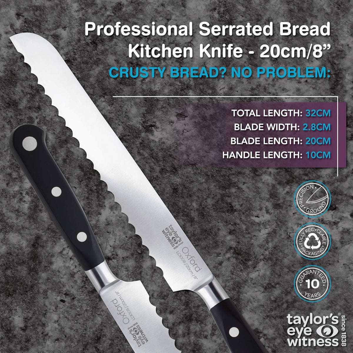 Taylors Eye Witness Oxford Professional Serrated Bread Knife Silver 20cm LCK108S | Classic Full Tang Construction with Steel Rivets | Finely Ground Razor Sharp Blade | Wide Serrations Zip through Crusty Bread without Tearing