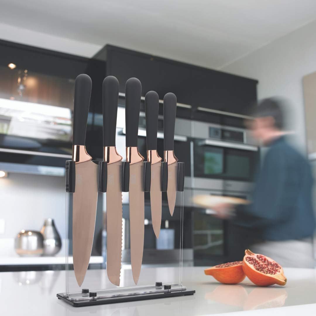 Taylors Eye Witness Knife Block Set Rose Gold and Black Set of 5 LVKB02 | With Hard Titanium -Nitride Plated Blades | Stylish Rose Gold Coloured Bolsters | Set includes Paring-All Purpose-Carving-Bread and 20cm Cook Knives | High Quality | Hard Titanium Plating