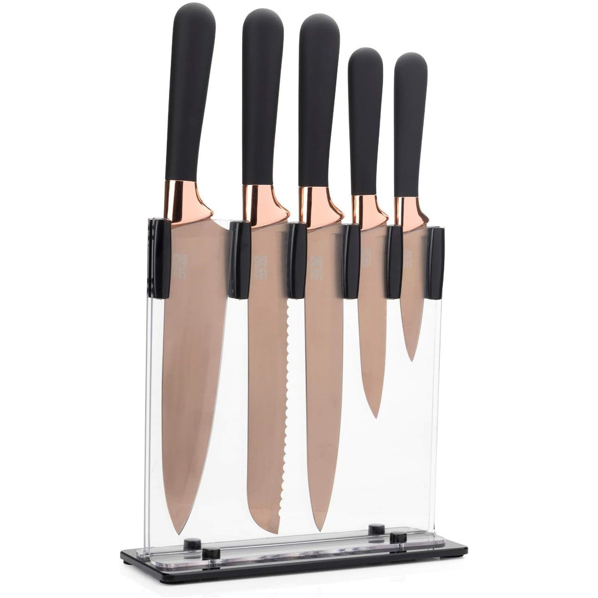 Taylors Eye Witness Knife Block Set Rose Gold and Black Set of 5 LVKB02 | With Hard Titanium -Nitride Plated Blades | Stylish Rose Gold Coloured Bolsters | Set includes Paring-All Purpose-Carving-Bread and 20cm Cook Knives | High Quality | Hard Titanium