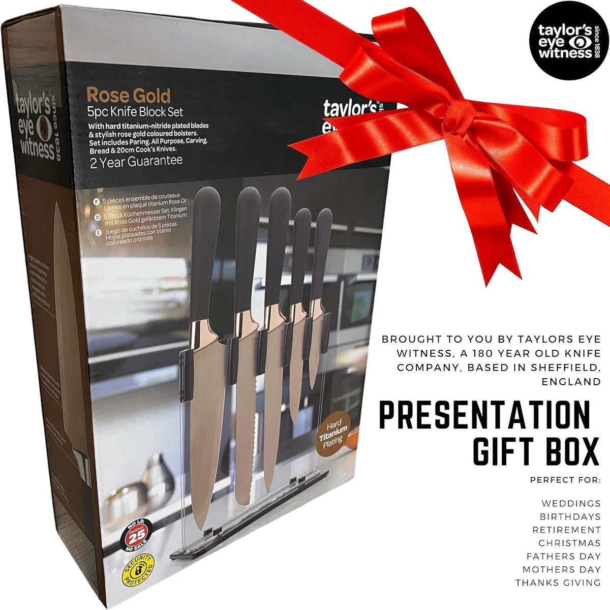 Taylors Eye Witness Knife Block Set Rose Gold and Black Set of 5 LVKB02 | With Hard Titanium -Nitride Plated Blades | Stylish Rose Gold Coloured Bolsters | Set includes Paring-All Purpose-Carving-Bread and 20cm Cook Knives | High Quality | Hard Titanium