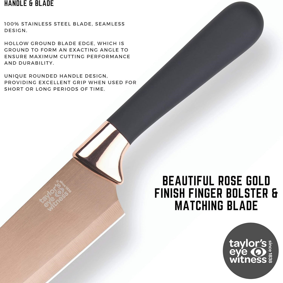 Taylors Eye Witness Knife Block Set Rose Gold and Black Set of 5 LVKB02 | With Hard Titanium -Nitride Plated Blades | Stylish Rose Gold Coloured Bolsters | Set includes Paring-All Purpose-Carving-Bread and 20cm Cook Knives | High Quality | Hard Titanium
