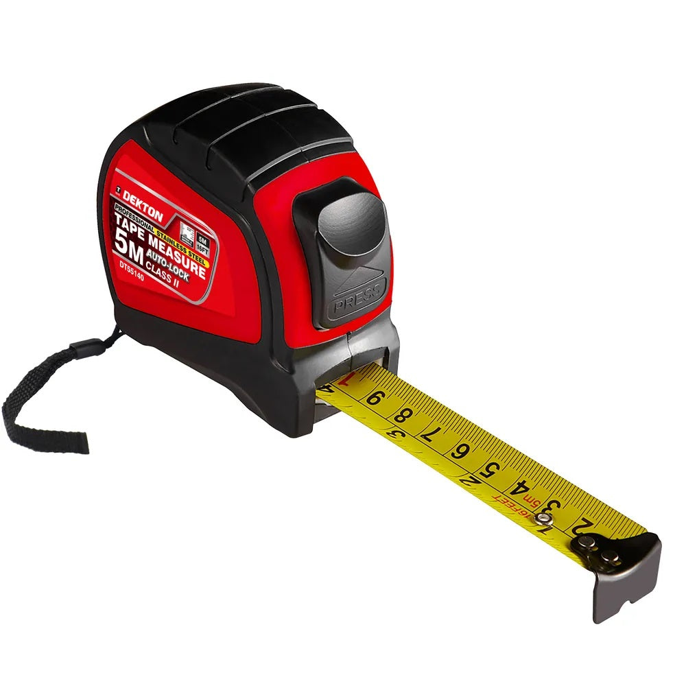 Dekton Professional Carbon Steel Tape Measure Black and Red 5Mtr DT55140 | Dual Markings | Anti-Grip Rubber Grip | Auto-Lock
