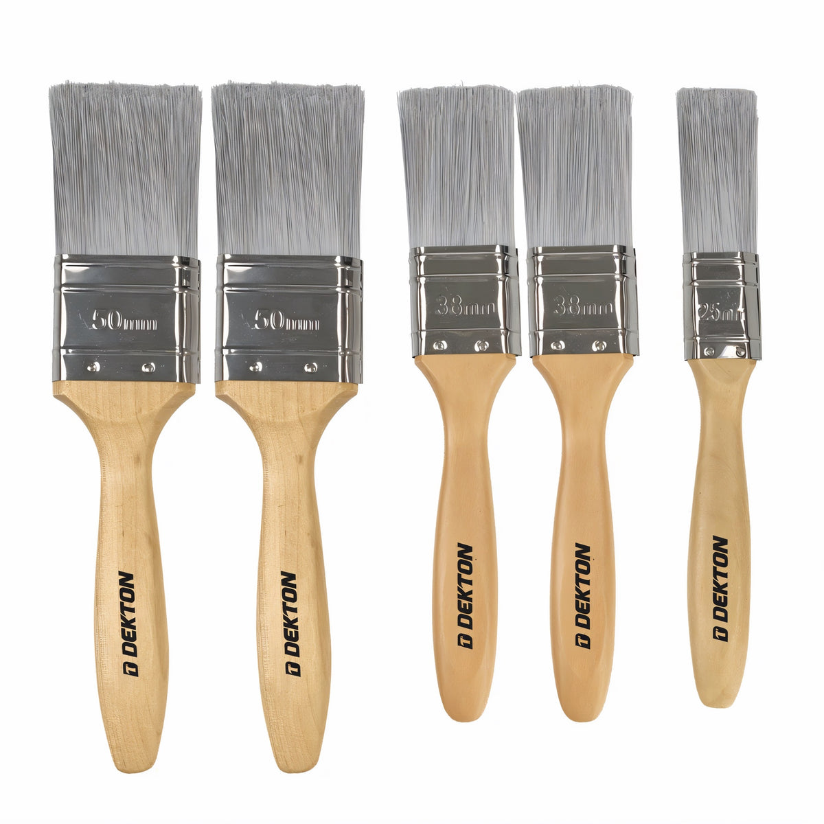 Dekton Professional Grade Brush Set Natural and Silver Pack of 5 DT95842 | Ultra-Smooth Finish | High Quality | Metal Ferrule | Set Includes 1x25mm-2x38mm-2x50mm | Gloss and Emulsion