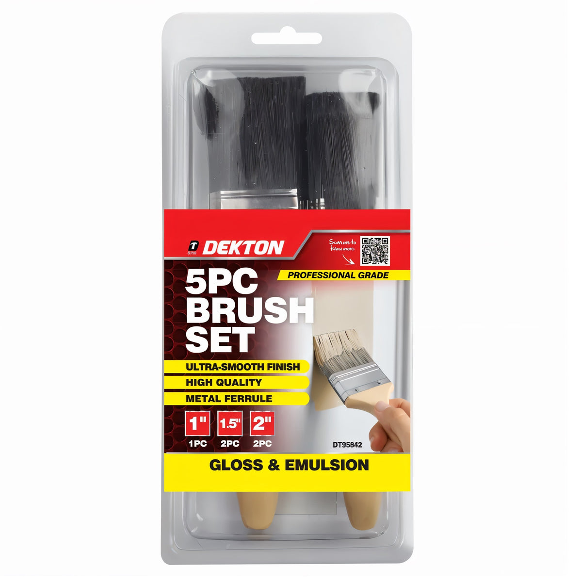 Dekton Professional Grade Brush Set Natural and Silver Pack of 5 DT95842 | Ultra-Smooth Finish | High Quality | Metal Ferrule | Set Includes 1x25mm-2x38mm-2x50mm | Gloss and Emulsion
