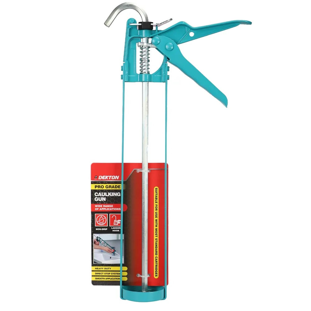Dekton Pro Grade Caulking Gun Teal DT95751 | Wide Range of Applications | No Drip Design Prevent Drips | Ladder Hook Helps Reload Cartridges Easily | Heavy Duty | Direct Stop System | Smooth Application | Suitable for Use with Most Standard Cartridges | Ideal for the Applications of Sealants and Adhesives | Metal Frame