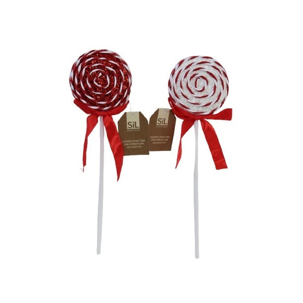 SiL Christmas Handcrafted Lollipop Decoration Assorted Colours Pack of 1 XMR4782 | Red and White Glitter Swirl Ornament with Ribbon Bow | Festive Holiday Decor