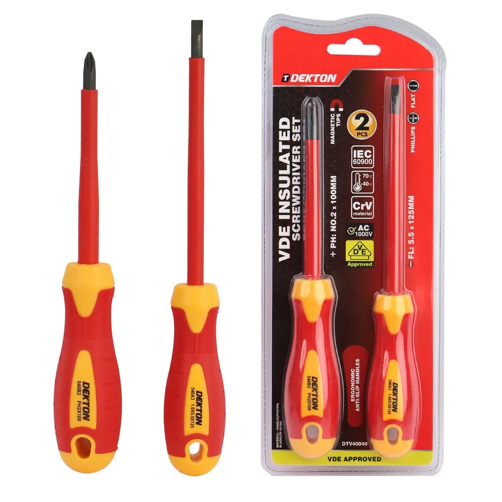 Dekton VDE Insulated Screwdriver Red and Yellow Pack of 2 DTV40040 | VDE Approved | Ergonomic Anti-Slip Handles