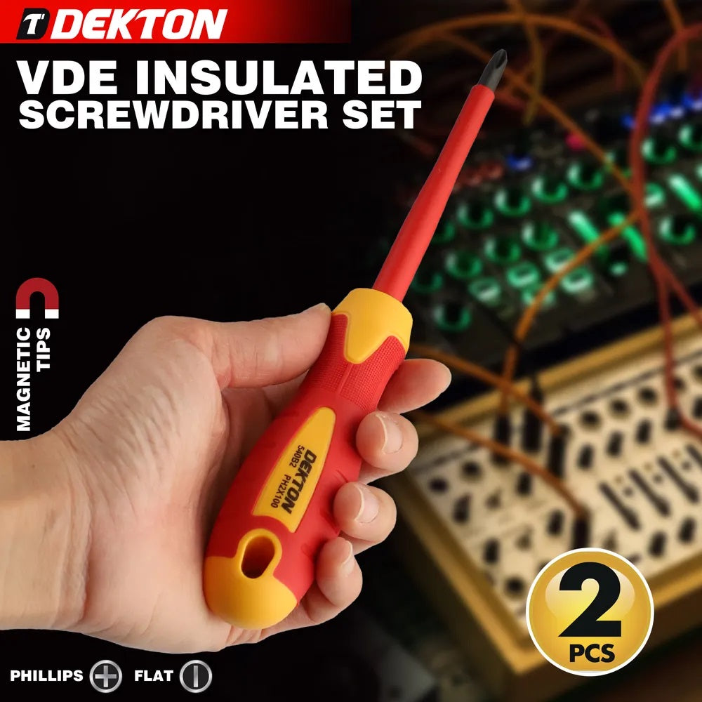 Dekton VDE Insulated Screwdriver Red and Yellow Pack of 2 DTV40040 | VDE Approved | Ergonomic Anti-Slip Handles