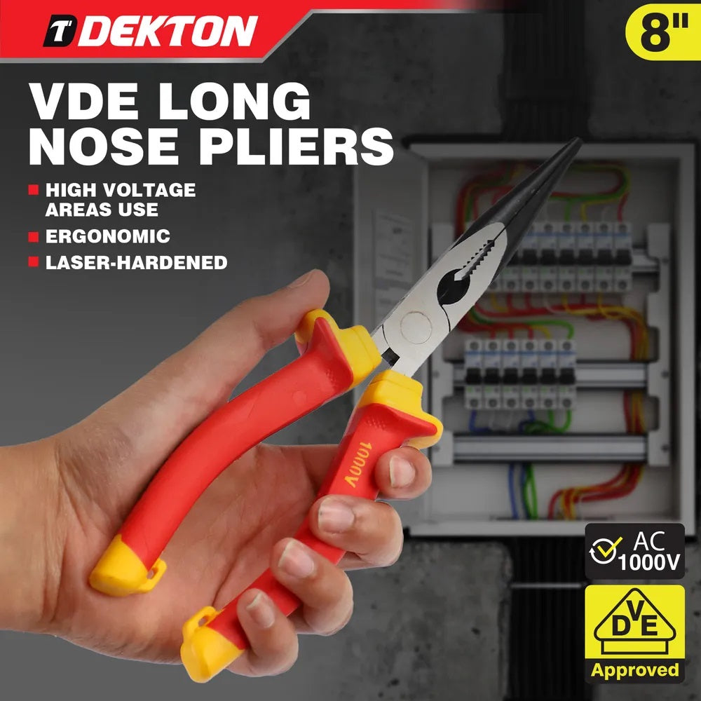 Dekton VDE Long Nose Plier Red and Yellow 8-Inch DTV20132 | High Voltage Areas Use | Ergonomic | Laser-Hardened