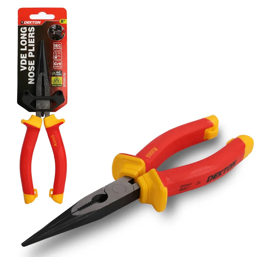 Dekton VDE Long Nose Plier Red and Yellow 8-Inch DTV20132 | High Voltage Areas Use | Ergonomic | Laser-Hardened