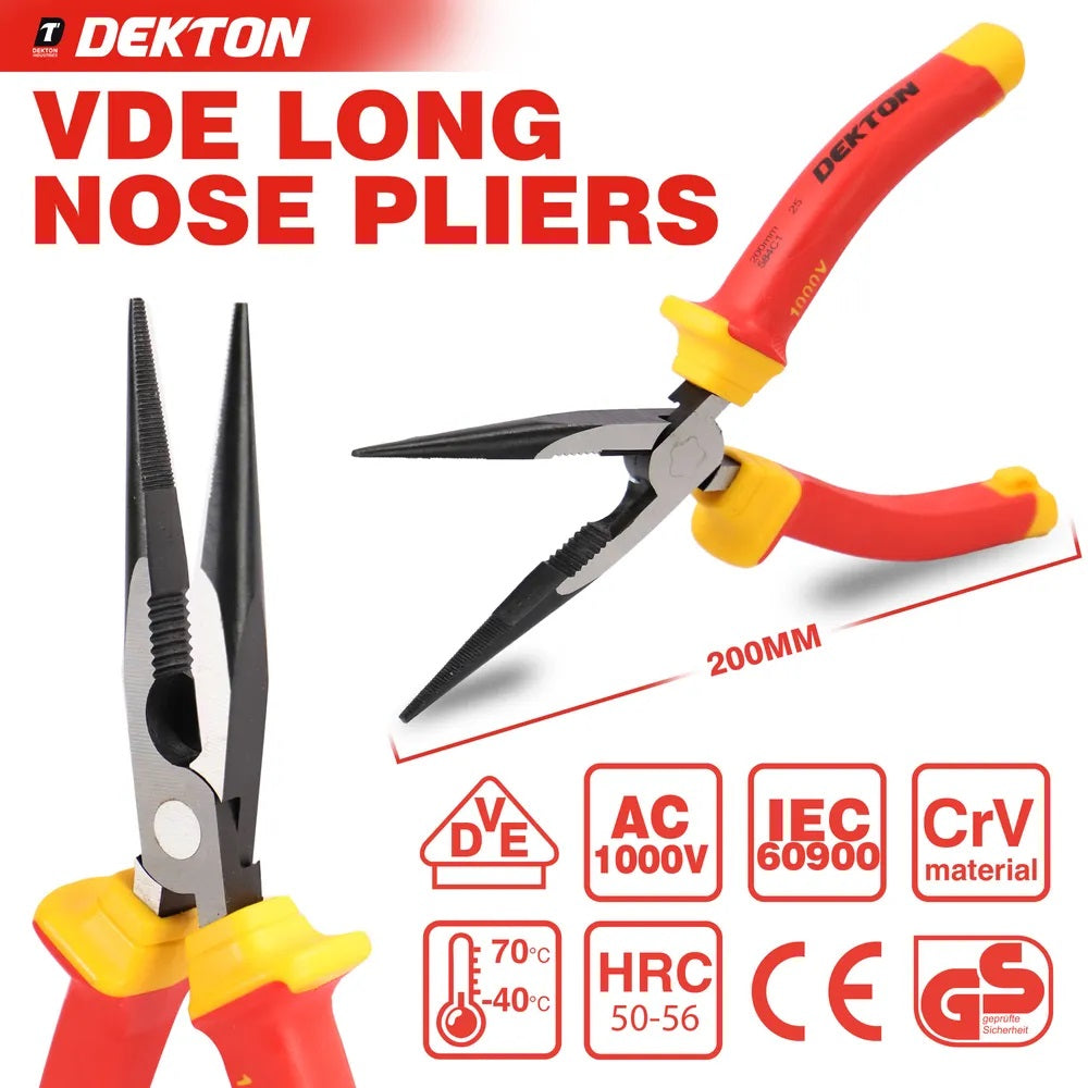Dekton VDE Long Nose Plier Red and Yellow 8-Inch DTV20132 | High Voltage Areas Use | Ergonomic | Laser-Hardened