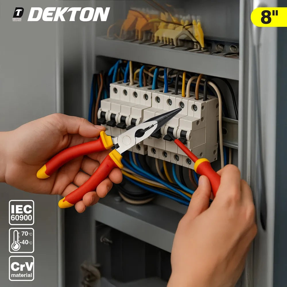 Dekton VDE Long Nose Plier Red and Yellow 8-Inch DTV20132 | High Voltage Areas Use | Ergonomic | Laser-Hardened
