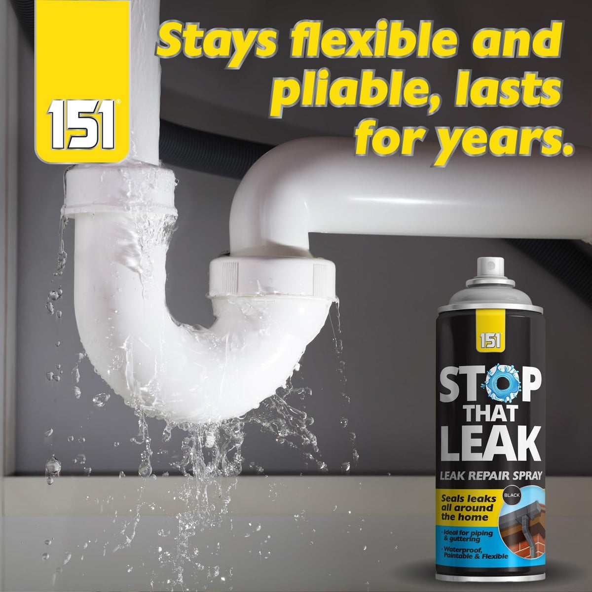 151 Stop That Leak Spray Black 400ml TAR043 | Leak Repair Spray | Seals Leaks | For Pipes-Drains-Windows-Roofs and Guttering | Waterproof-Paintable and Flexible | Protects Surface from Corrosion | Once Dry Can be Painted Any Colour