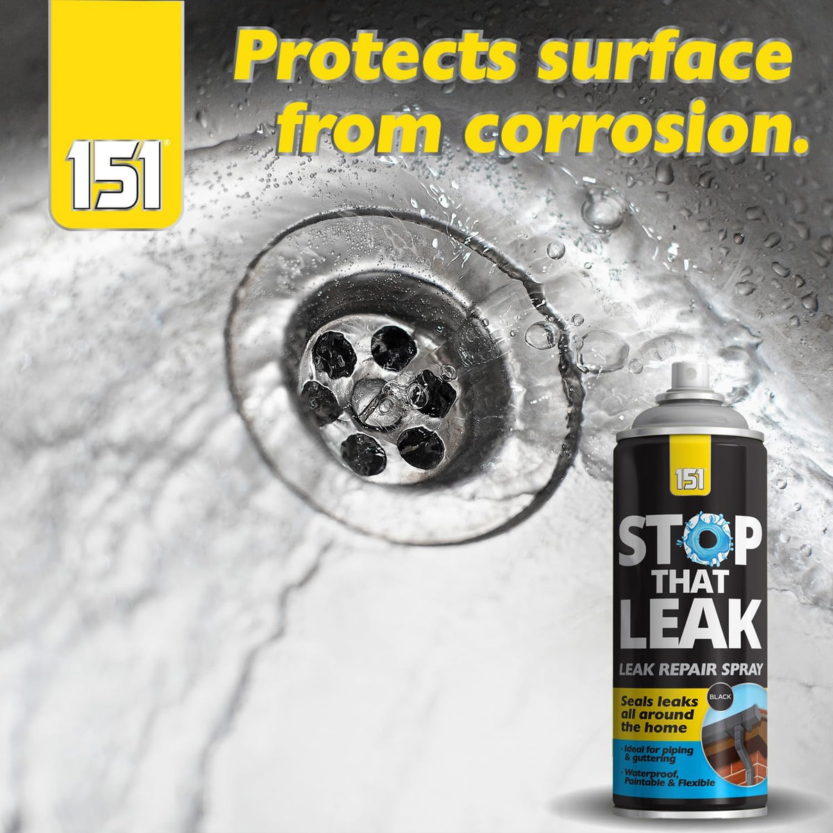 151 Stop That Leak Spray Black 400ml TAR043 | Leak Repair Spray | Seals Leaks | For Pipes-Drains-Windows-Roofs and Guttering | Waterproof-Paintable and Flexible | Protects Surface from Corrosion | Once Dry Can be Painted Any Colour