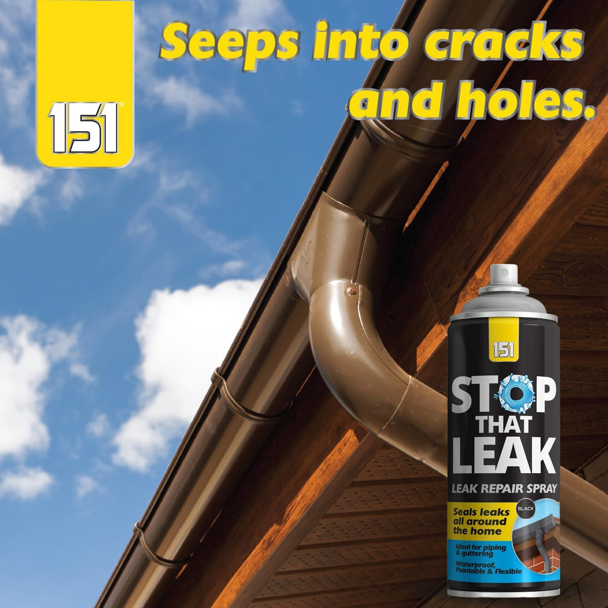 151 Stop That Leak Spray Black 400ml TAR043 | Leak Repair Spray | Seals Leaks | For Pipes-Drains-Windows-Roofs and Guttering | Waterproof-Paintable and Flexible | Protects Surface from Corrosion | Once Dry Can be Painted Any Colour