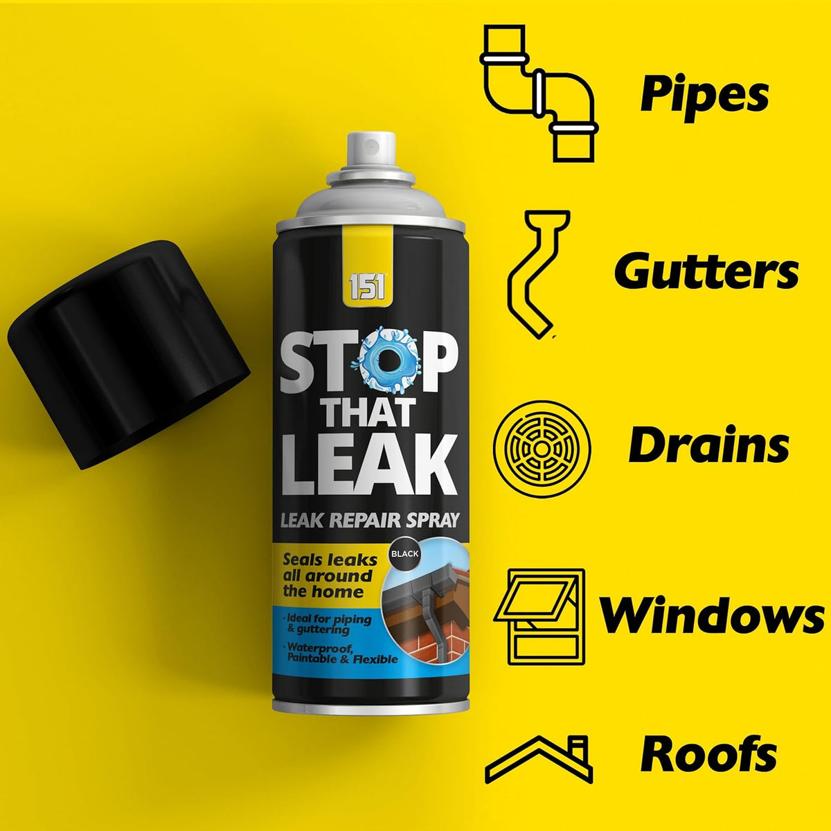 151 Stop That Leak Spray Black 400ml TAR043 | Leak Repair Spray | Seals Leaks | For Pipes-Drains-Windows-Roofs and Guttering | Waterproof-Paintable and Flexible | Protects Surface from Corrosion | Once Dry Can be Painted Any Colour