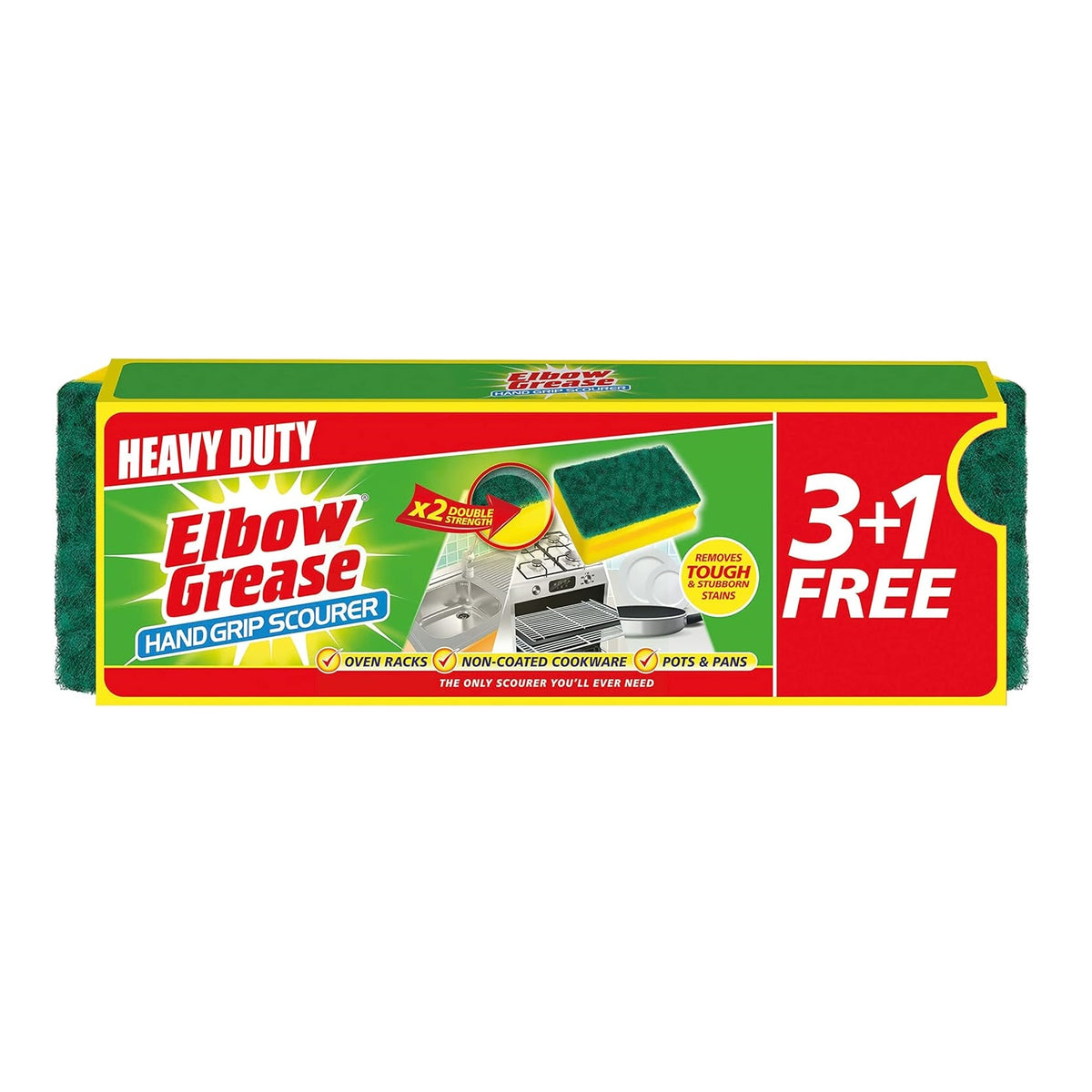 151 Elbow Grease Heavy Duty Hand Grip Scourer Yellow and Green Pack of 4 EG82 | Double Strength Cleaning Pads | Removes Tough and Stubborn Stains | Ideal for Oven Racks-Pots-Pans and Non-Coated Cookware