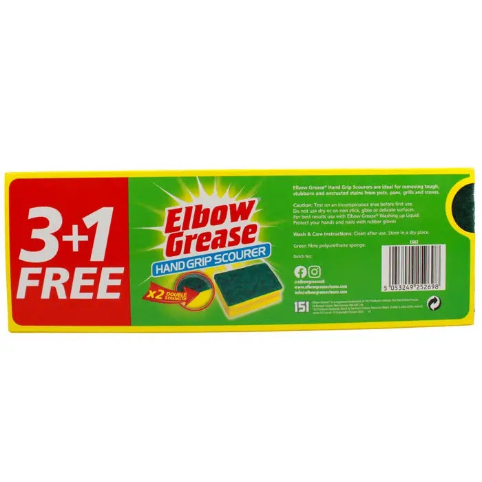 151 Elbow Grease Heavy Duty Hand Grip Scourer Yellow and Green Pack of 4 EG82 | Double Strength Cleaning Pads | Removes Tough and Stubborn Stains | Ideal for Oven Racks-Pots-Pans and Non-Coated Cookware