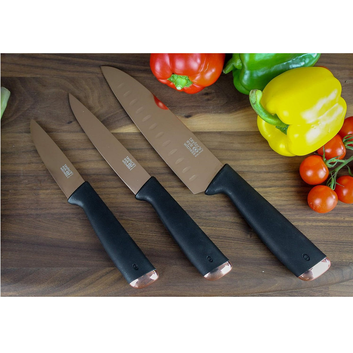 Taylors Eye Witness Juno Knife Set Rose Gold Pack of 3 LMS28RGBS5 | Anti-Bacterial Coated | Precision Ground | Contains 9cm Pairing Knife-All Purpose Knif-17cm Santoku Knife