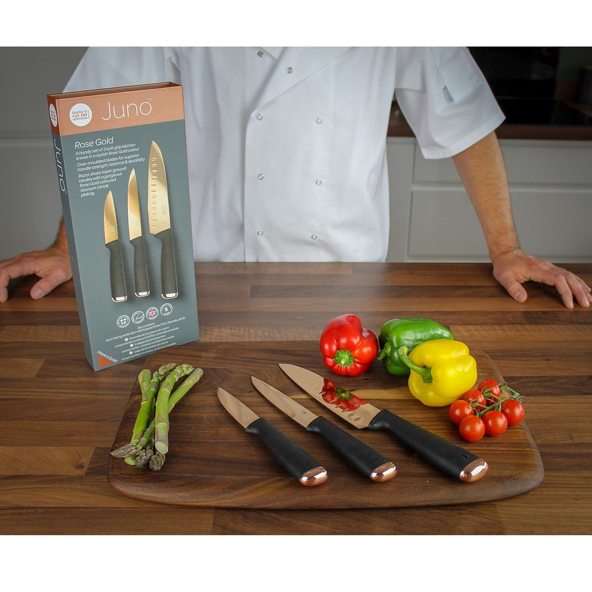 Taylors Eye Witness Juno Knife Set Rose Gold Pack of 3 LMS28RGBS5 | Anti-Bacterial Coated | Precision Ground | Contains 9cm Pairing Knife-All Purpose Knif-17cm Santoku Knife