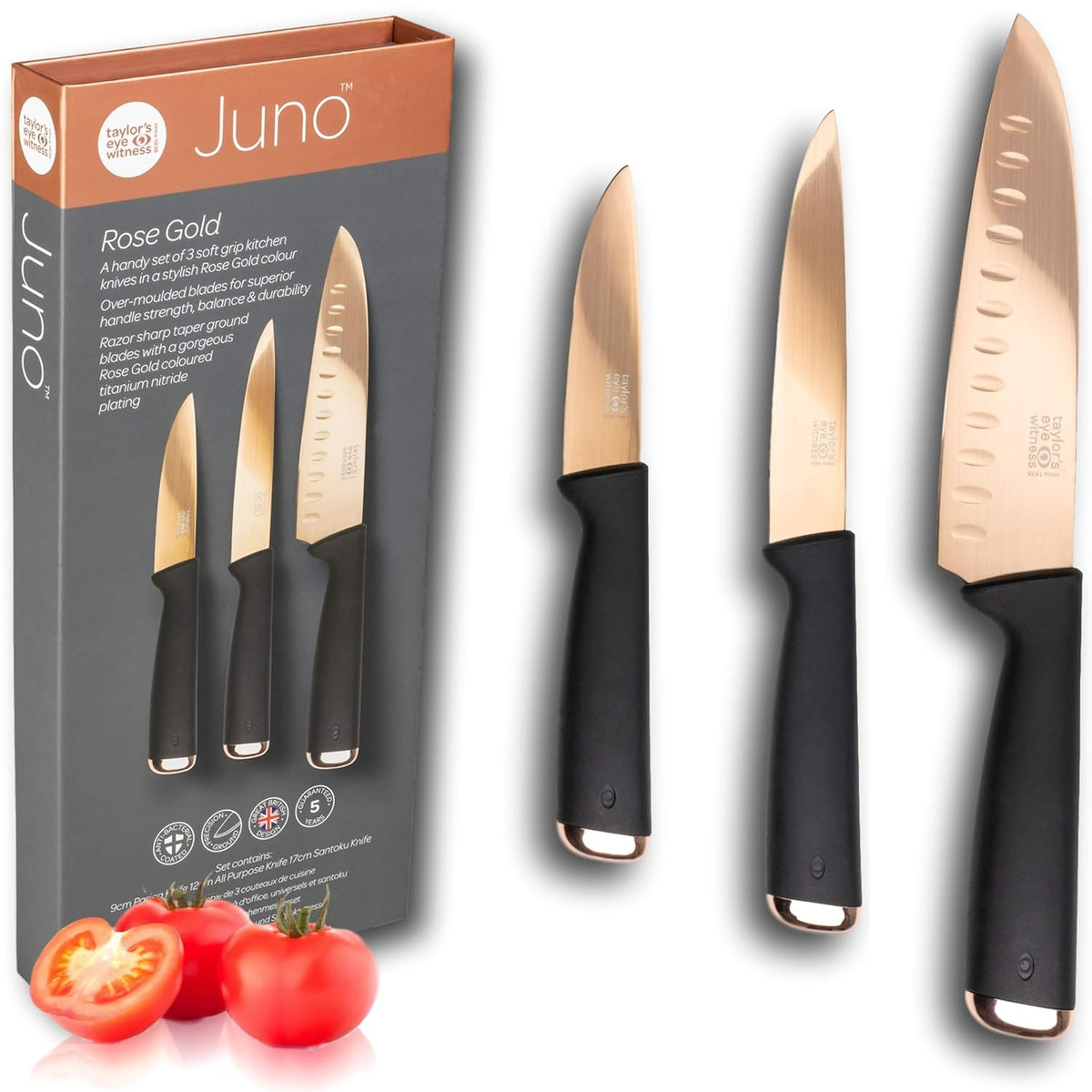 Taylors Eye Witness Juno Knife Set Rose Gold Pack of 3 LMS28RGBS5 | Anti-Bacterial Coated | Precision Ground | Contains 9cm Pairing Knife-All Purpose Knif-17cm Santoku Knife
