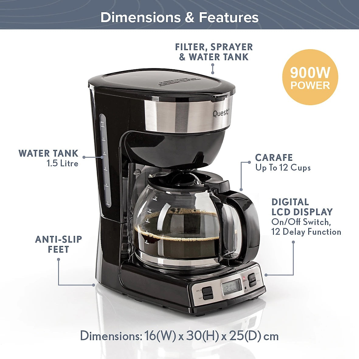 Quest Digital Coffee Maker Black 1.5Ltr 900W 30cm x 16cm x 25cm 35210 | On-Off Switch | 24 Hour Delay Function | Digital Controls | Automatic Shut off after 40 Minutes | Reusable Nylon Filter | 30 Second Anti-Drip Function | Boil Dry Protection | Easy