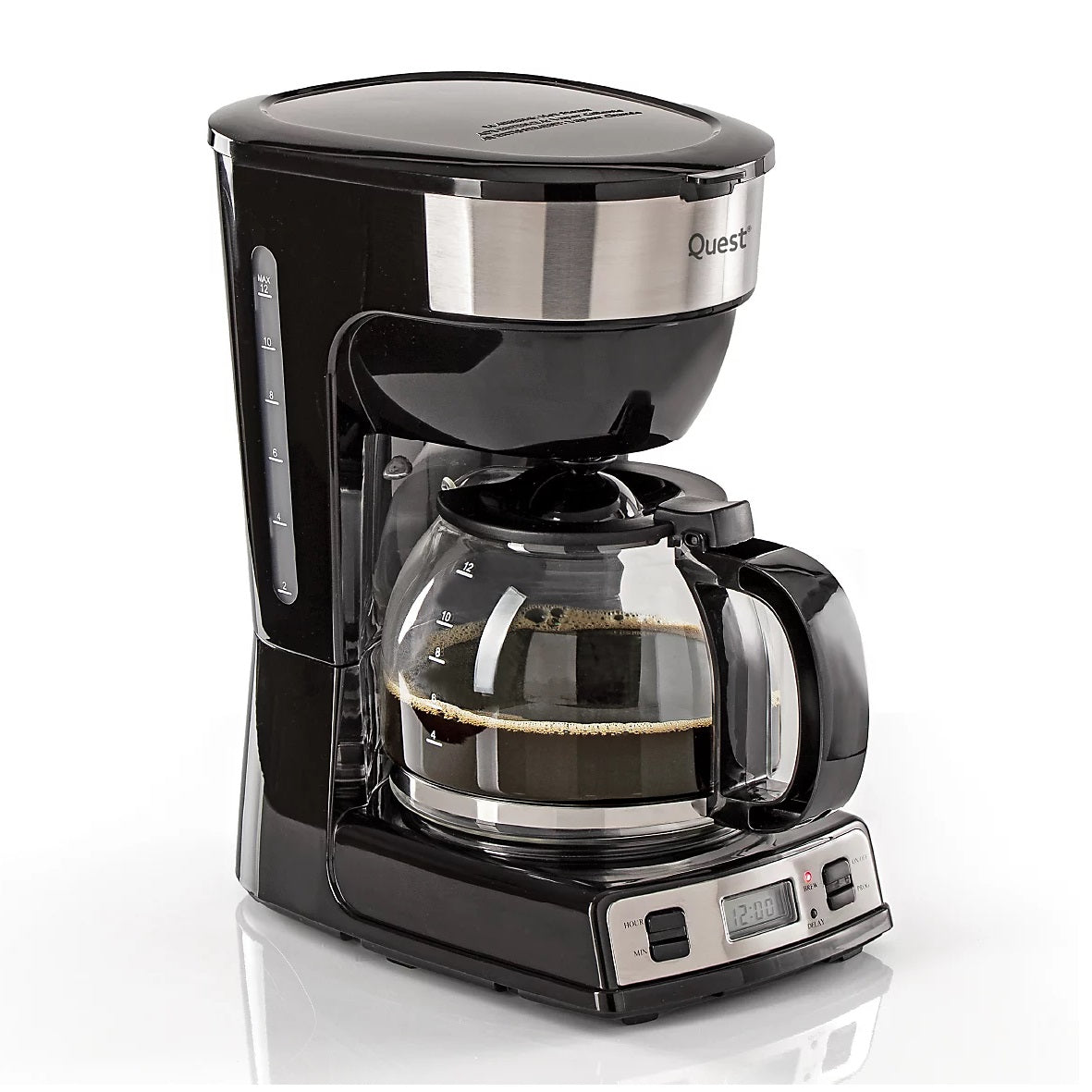 Quest Digital Coffee Maker Black 1.5Ltr 900W 30cm x 16cm x 25cm 35210 | On-Off Switch | 24 Hour Delay Function | Digital Controls | Automatic Shut off after 40 Minutes | Reusable Nylon Filter | 30 Second Anti-Drip Function | Boil Dry Protection | Easy