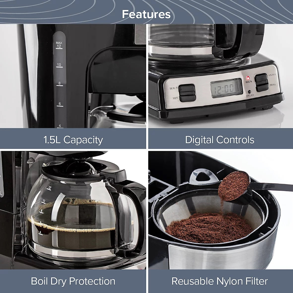 Quest Digital Coffee Maker Black 1.5Ltr 900W 30cm x 16cm x 25cm 35210 | On-Off Switch | 24 Hour Delay Function | Digital Controls | Automatic Shut off after 40 Minutes | Reusable Nylon Filter | 30 Second Anti-Drip Function | Boil Dry Protection | Easy