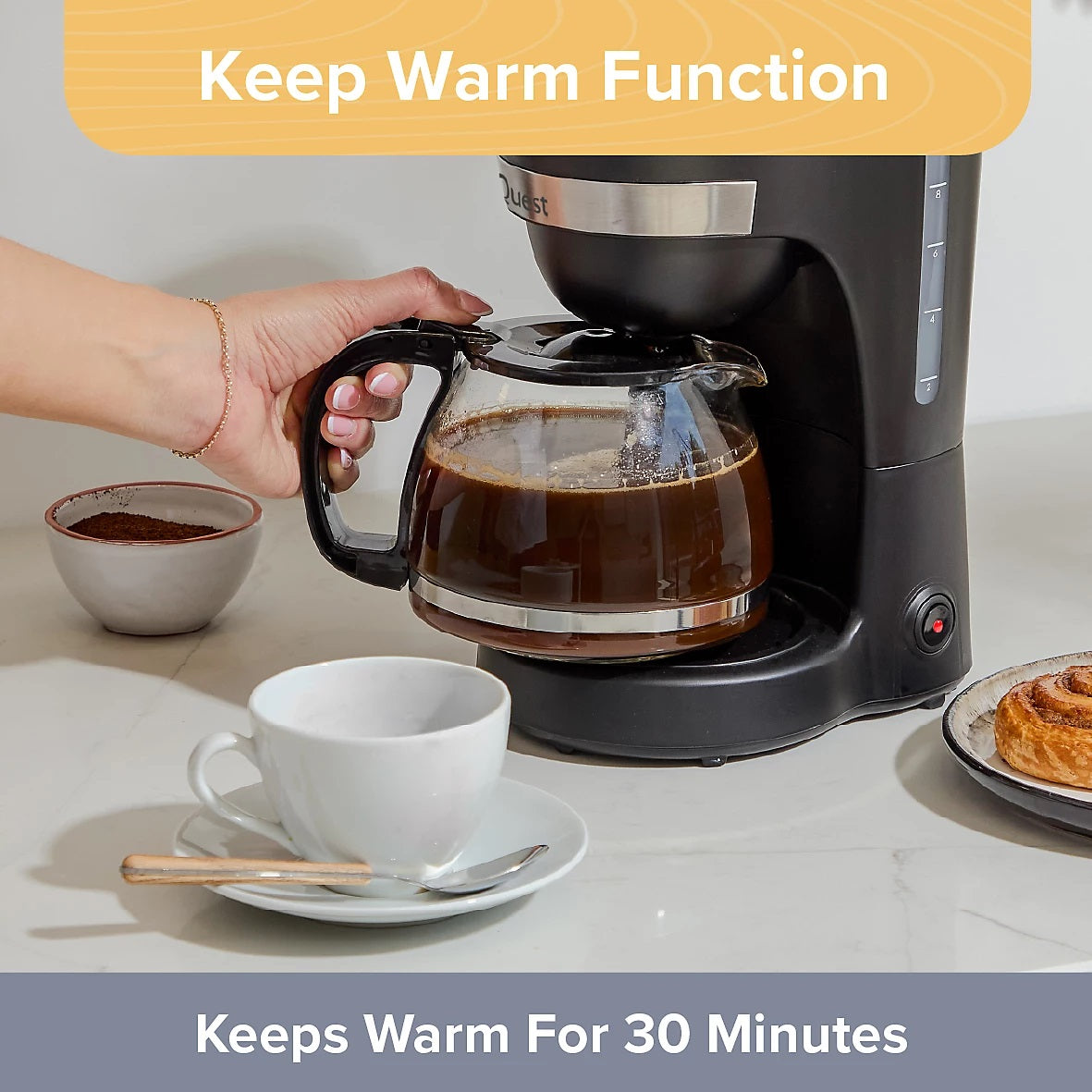 Quest Drip Coffee Machine Black 1.25Ltr 750W 36579 | On-Off Switch | Removable Funnel for Easy Cleaning | 30 Minutes Keep Warm | Automatic Shut off Boil Dry Protection |30 Second Anti-Drip Function | Reusable Nylon Filter | Glass Carafe BPA Free | Easy