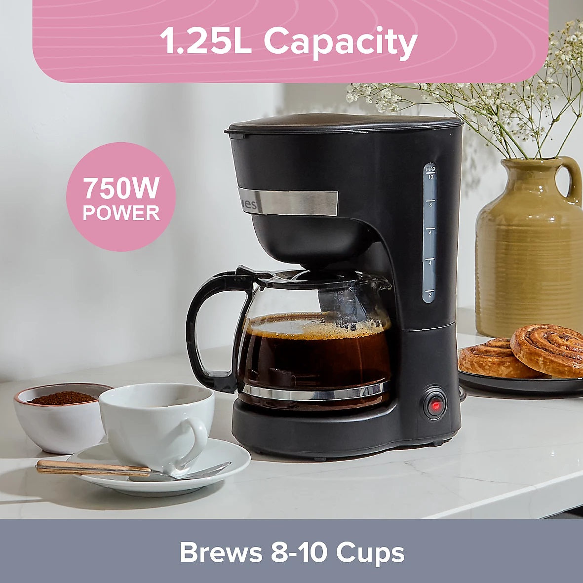 Quest Drip Coffee Machine Black 1.25Ltr 750W 36579 | On-Off Switch | Removable Funnel for Easy Cleaning | 30 Minutes Keep Warm | Automatic Shut off Boil Dry Protection |30 Second Anti-Drip Function | Reusable Nylon Filter | Glass Carafe BPA Free | Easy
