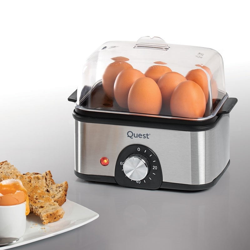 Quest Stainless Steel Egg Cooker Silver 400-500W 500ml 34369 | Transparent Cover | High Quality Stainless Steel Housing | Adjustable Timer upto 60 Min | Power Indicator Light | Automatic Boil Dry Cut Off | Cook up to 8 Eggs at Once | Compact Design for Easy Storage
