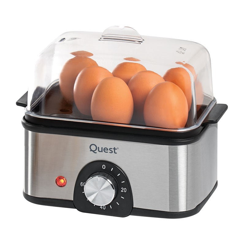 Quest Stainless Steel Egg Cooker Silver 400-500W 500ml 34369 | Transparent Cover | High Quality Stainless Steel Housing | Adjustable Timer upto 60 Min | Power Indicator Light | Automatic Boil Dry Cut Off | Cook up to 8 Eggs at Once | Compact Design for