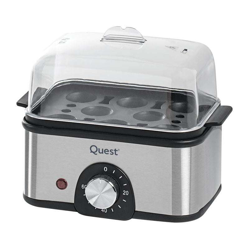 Quest Stainless Steel Egg Cooker Silver 400-500W 500ml 34369 | Transparent Cover | High Quality Stainless Steel Housing | Adjustable Timer upto 60 Min | Power Indicator Light | Automatic Boil Dry Cut Off | Cook up to 8 Eggs at Once | Compact Design for