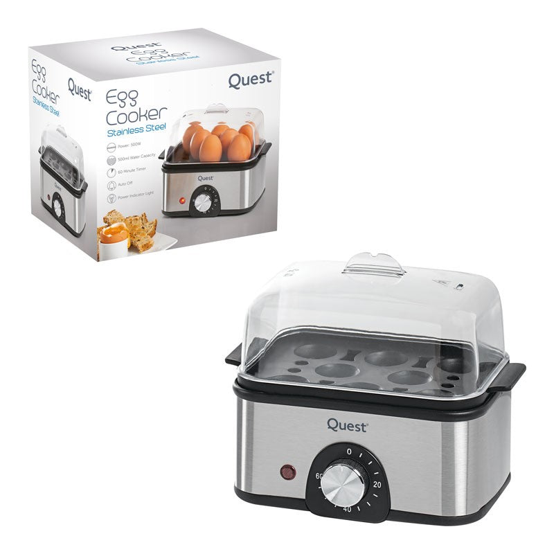 Quest Stainless Steel Egg Cooker Silver 400-500W 500ml 34369 | Transparent Cover | High Quality Stainless Steel Housing | Adjustable Timer upto 60 Min | Power Indicator Light | Automatic Boil Dry Cut Off | Cook up to 8 Eggs at Once | Compact Design for