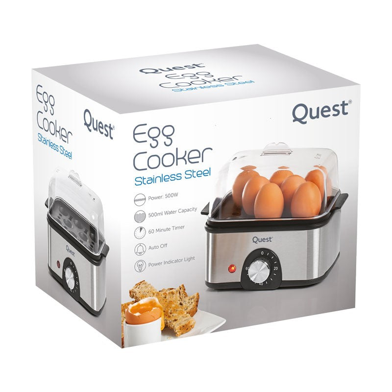 Quest Stainless Steel Egg Cooker Silver 400-500W 500ml 34369 | Transparent Cover | High Quality Stainless Steel Housing | Adjustable Timer upto 60 Min | Power Indicator Light | Automatic Boil Dry Cut Off | Cook up to 8 Eggs at Once | Compact Design for