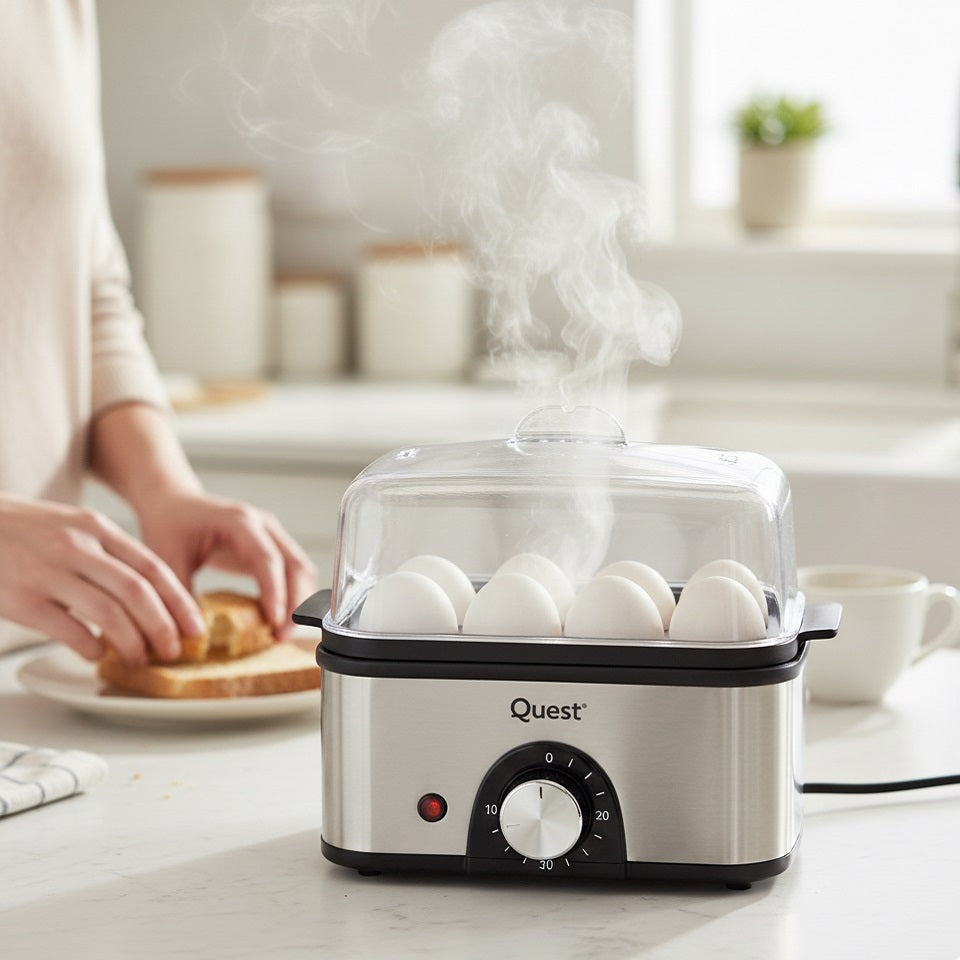 Quest Stainless Steel 2 Tier Egg Cooker and Steam Rack Silver 500W 500ml 34349 | 60 Minute Timer | Auto Off | Power Indicator Light