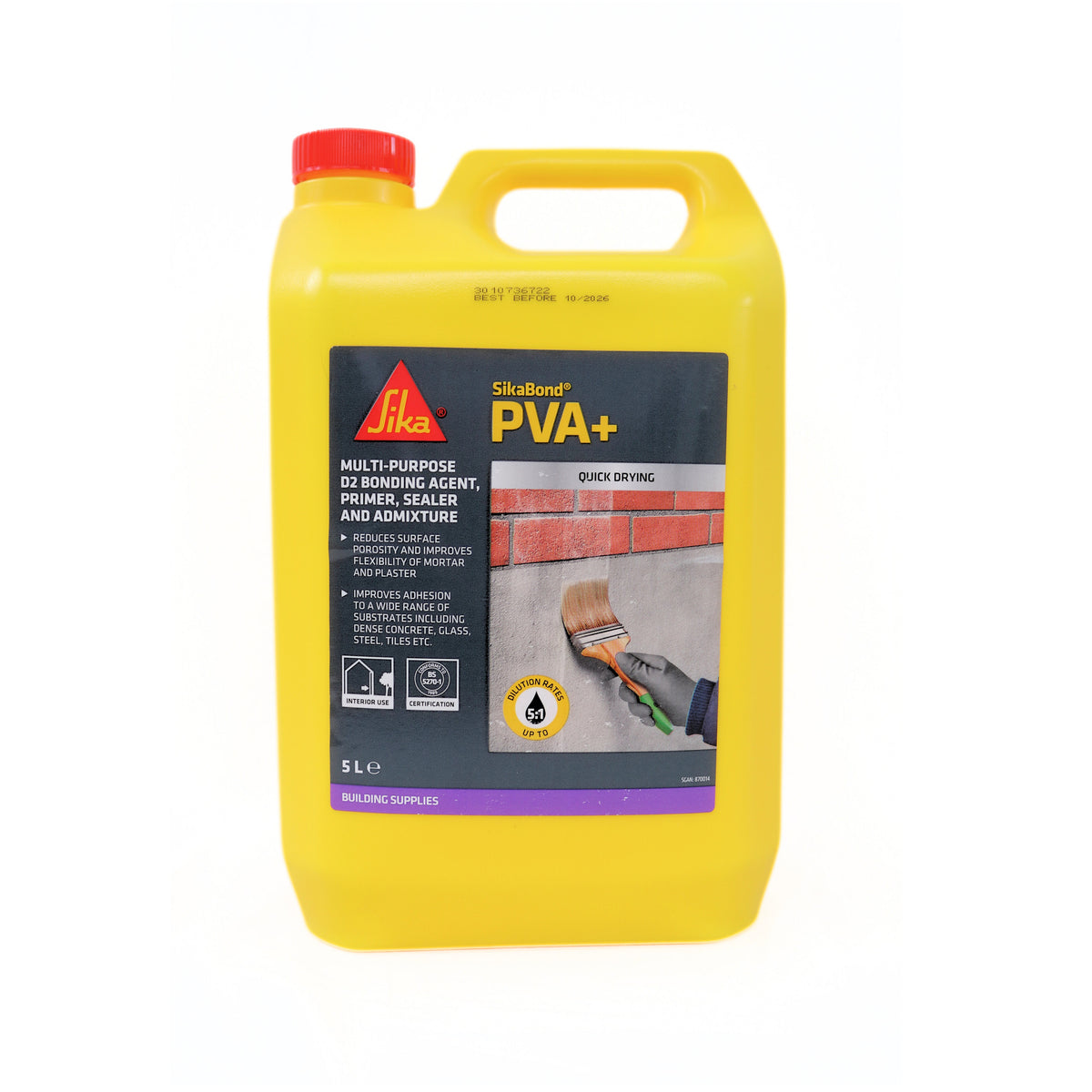 Sika Bond PVA Plus Canister White 5Ltr 443233 | Multi-Purpose D2 Bonding Agent-Primer-Sealer and Admixture | Reduces Surface Porosity and Improves Flexibility of Mortar and Plaster | Improves Adhesion to a Wide Range of Substrates Including Dense Concrete-Glass-Steel-Tiles Etc | Quick Drying | Interior Use | Conforms to BS5270-1 Certification