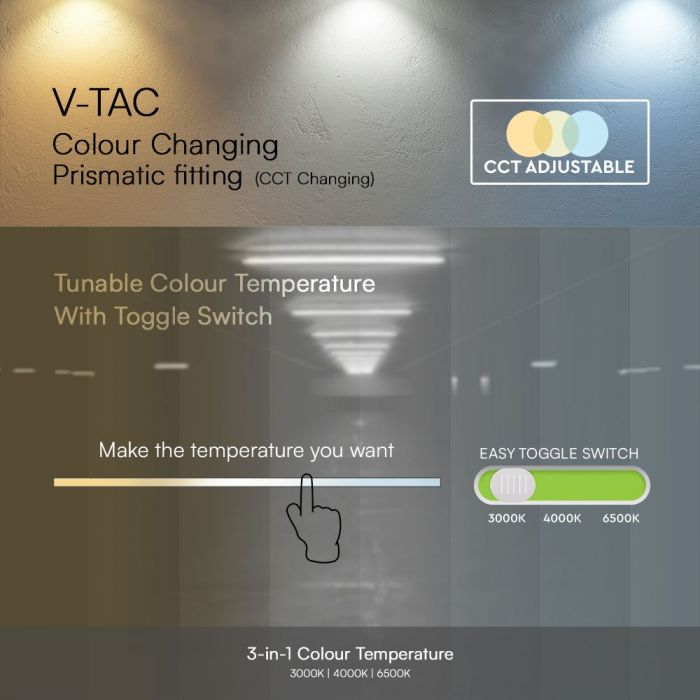 V-Tac 3 in 1 Colour Changing LED White 40W 4Ft 1166mm x 76mm x 24mm 23680 | Prismatic Fitting | 120 Degree Beam Angle | 220-240V 50Hz Input Voltage | 85 Percent Energy Saving |  Super Bright 120 Plus LM-Watt Efficiency | 4800 Lumens Sphere 360 Degree