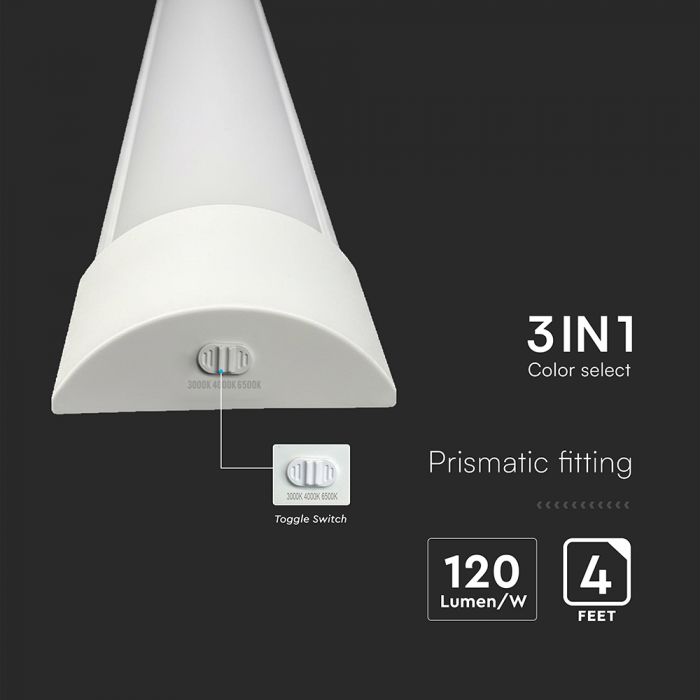 V-Tac 3 in 1 Colour Changing LED White 40W 4Ft 1166mm x 76mm x 24mm 23680 | Prismatic Fitting | 120 Degree Beam Angle | 220-240V 50Hz Input Voltage | 85 Percent Energy Saving |  Super Bright 120 Plus LM-Watt Efficiency | 4800 Lumens Sphere 360 Degree