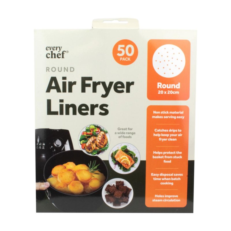 Every Chef Round Air Fryer Liners White Pack of 50 20cm x 20cm 324325 | Non-Stick | For Standard Air Fryers | Catches Drips | Protects Basket | Improves Steam Circulation | Great for Wide Range of Foods | Made from Food Grade