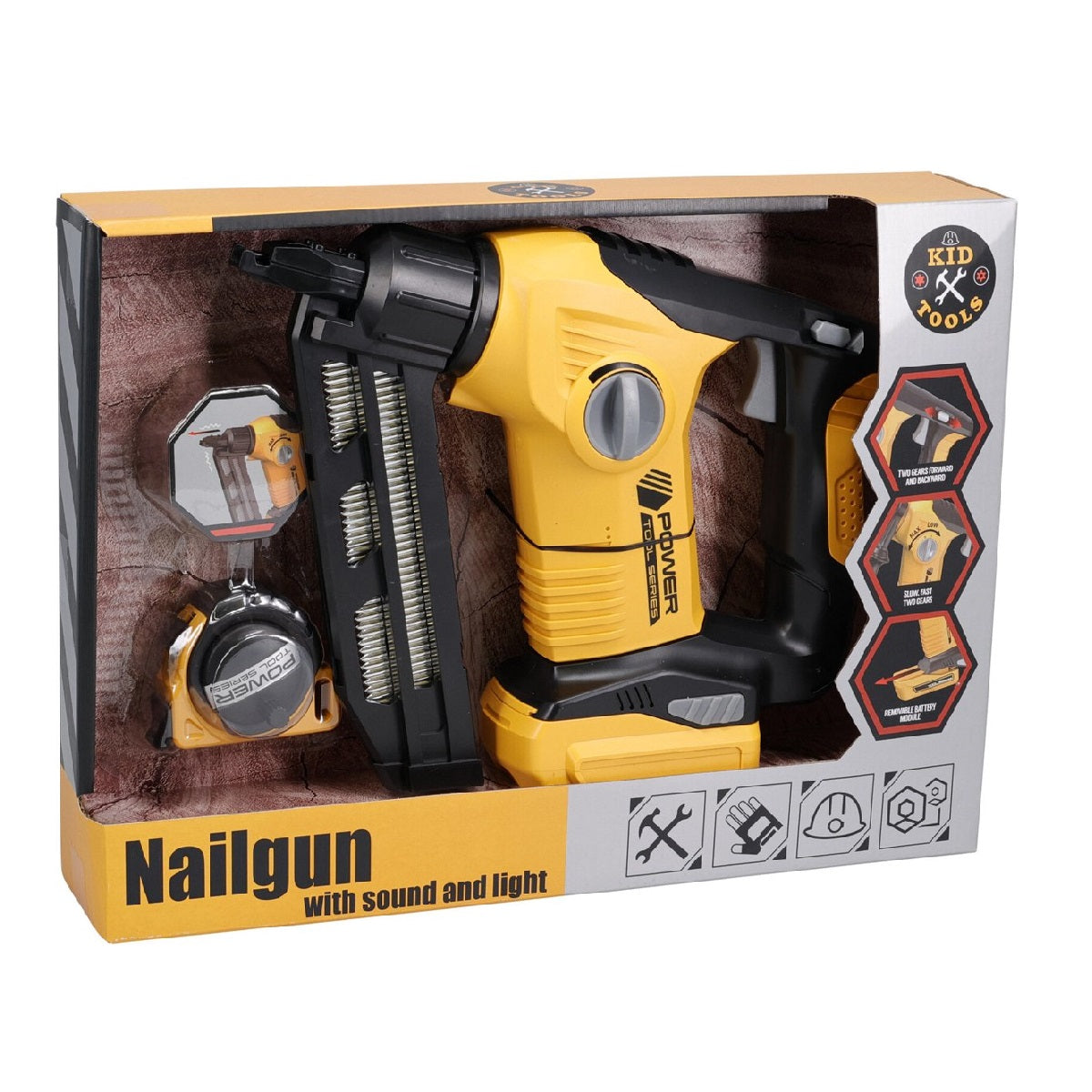 Kids Nail Gun with Sound and Light Black and Yellow 26cm x 7cm x 19cm S34495730 | Two Gears Forward and Backward | Slow-Fast Two Gears | Removable Battery Module