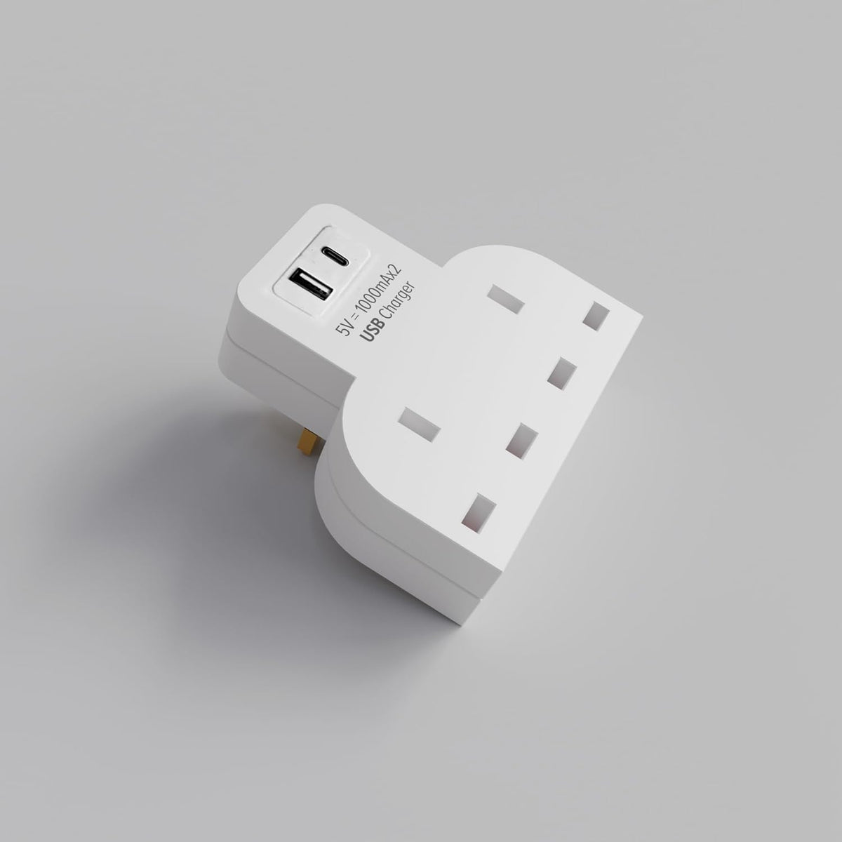 PowerPlus 2 Way Adaptor with 1 USB & 1 Type-C Port White 1385 | 5V 2100mA | BS1363 Compliant | Dual Plug Mains Adapter with USB Charging