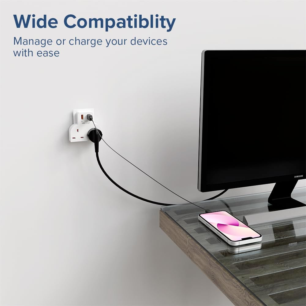 PowerPlus 2 Way Adaptor with 1 USB & 1 Type-C Port White 1385 | 5V 2100mA | BS1363 Compliant | Dual Plug Mains Adapter with USB Charging
